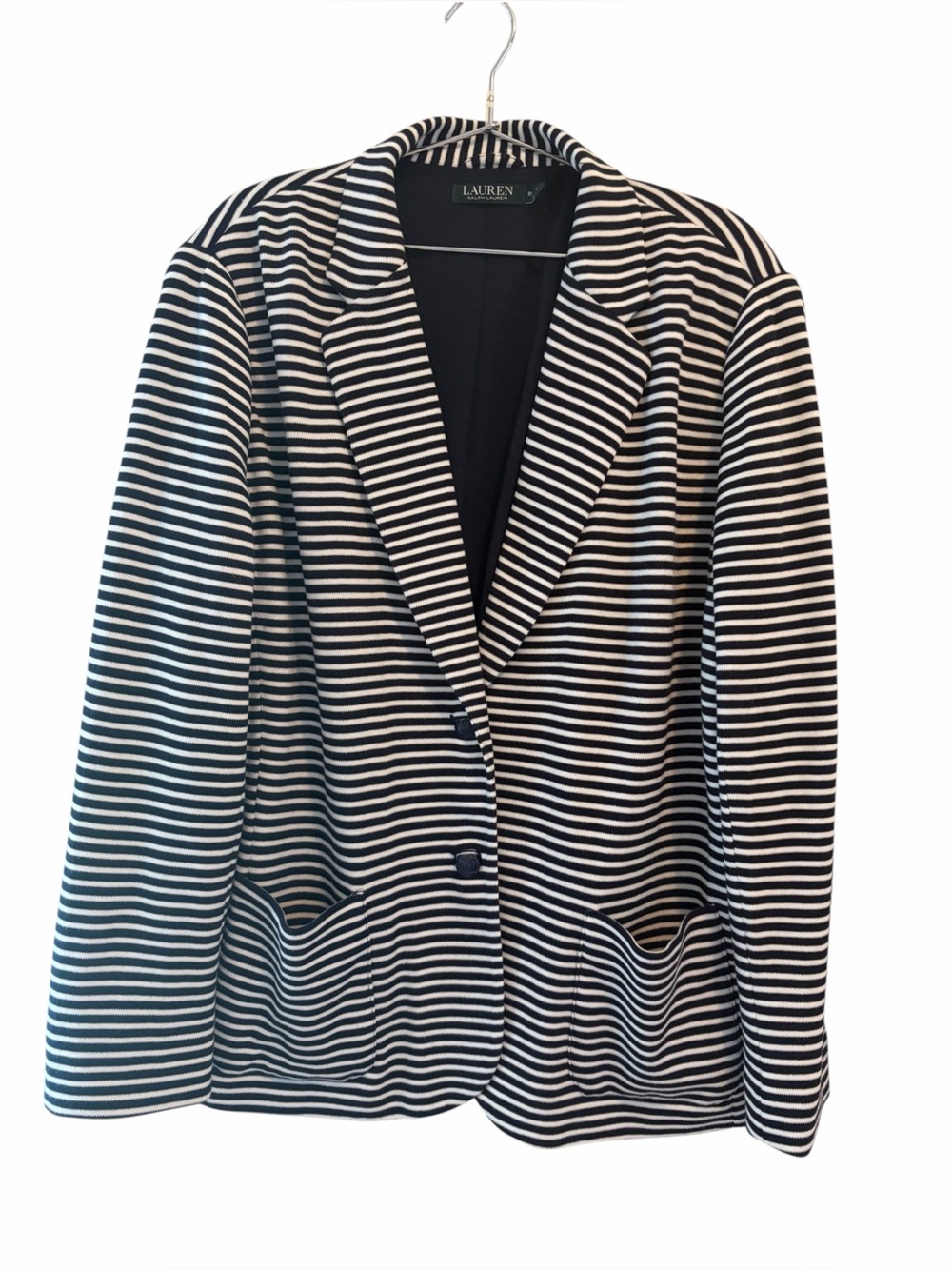 Lauren Ralph Lauren Navy and White Striped Cotton-Blend Blazer
